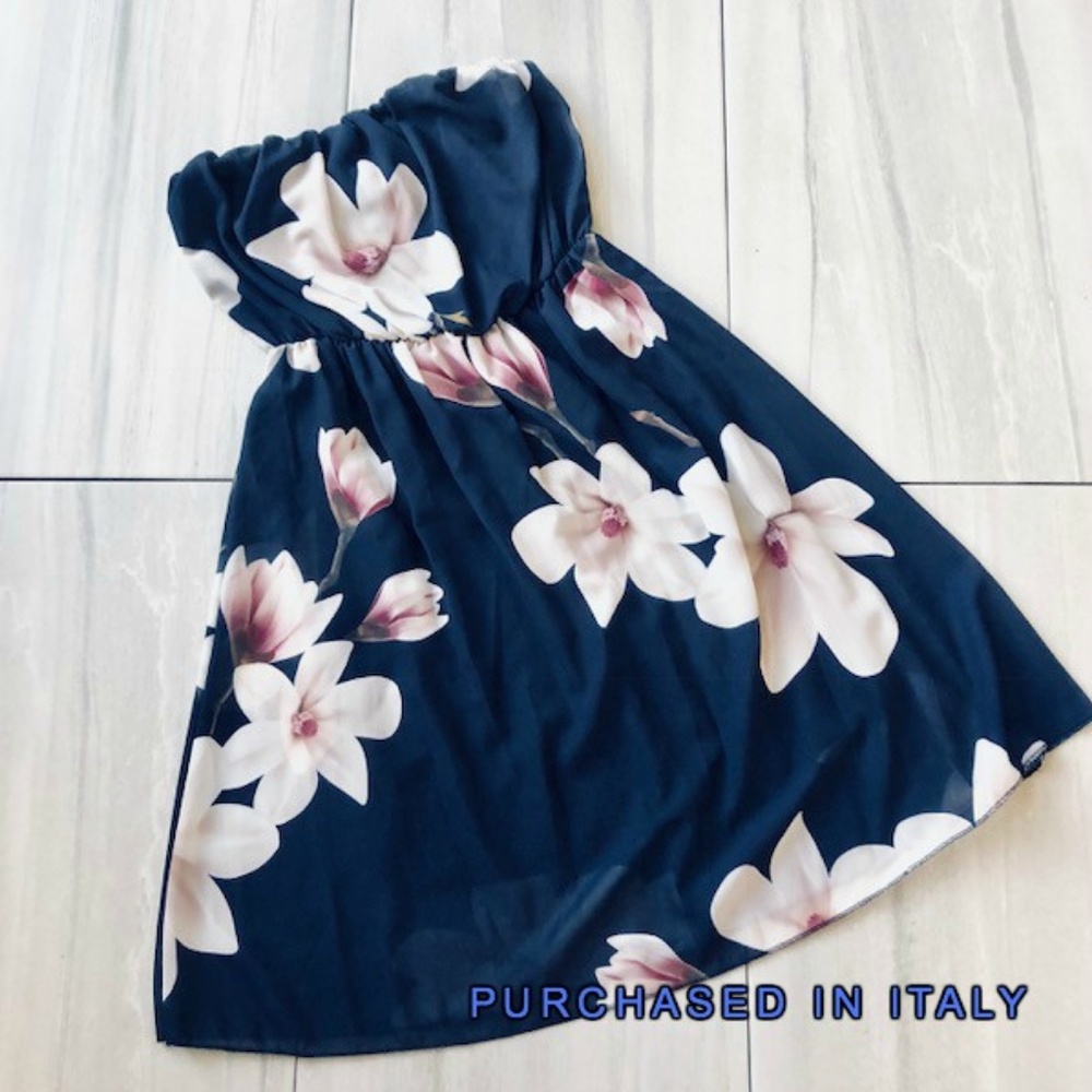 Pretty Blue Floral Strapless Dress